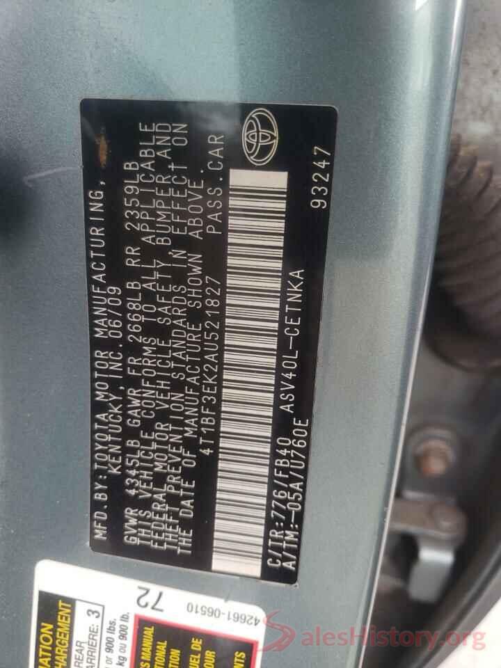 4T1BF3EK2AU521827 2010 TOYOTA CAMRY