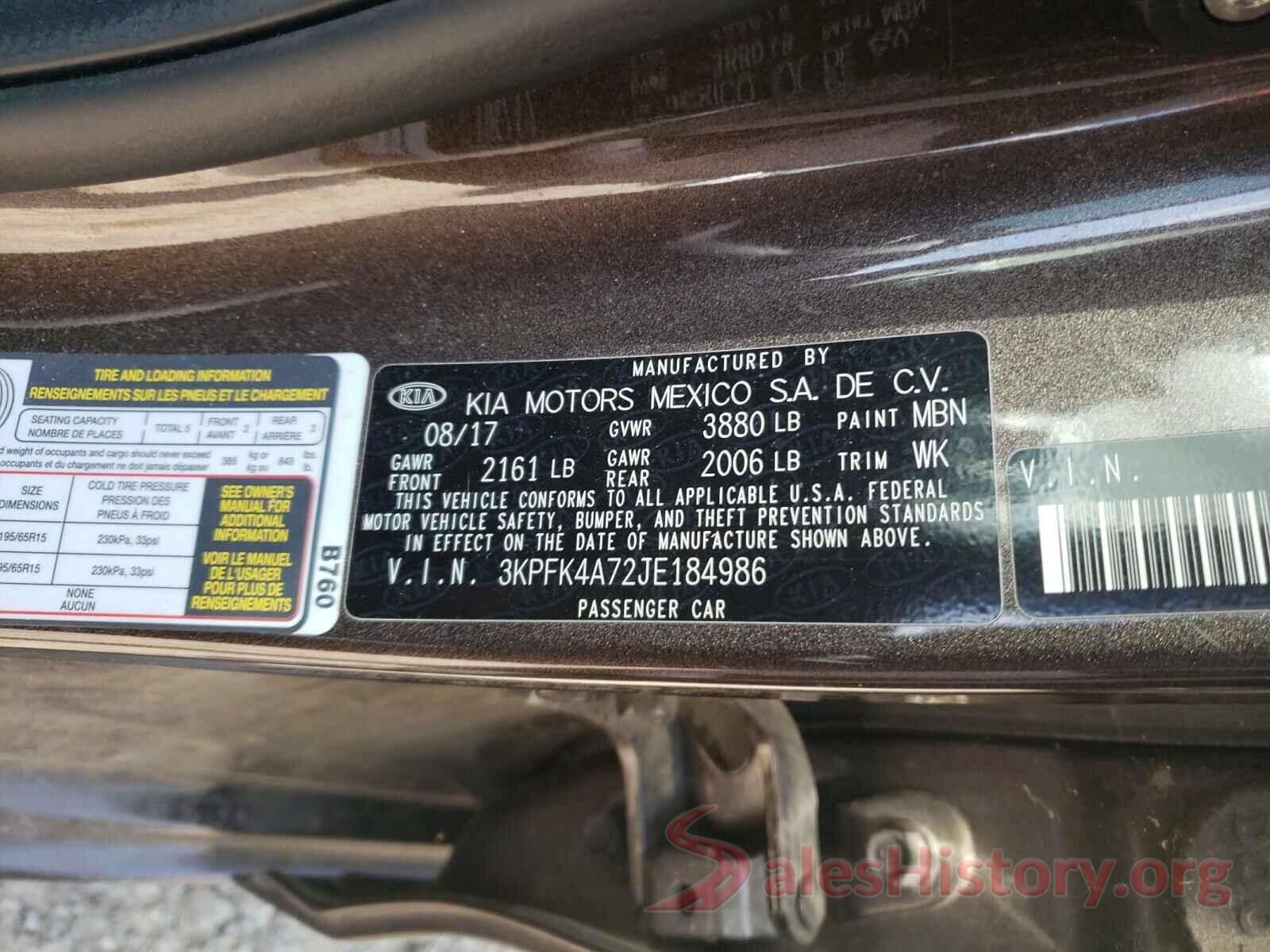 3KPFK4A72JE184986 2018 KIA FORTE