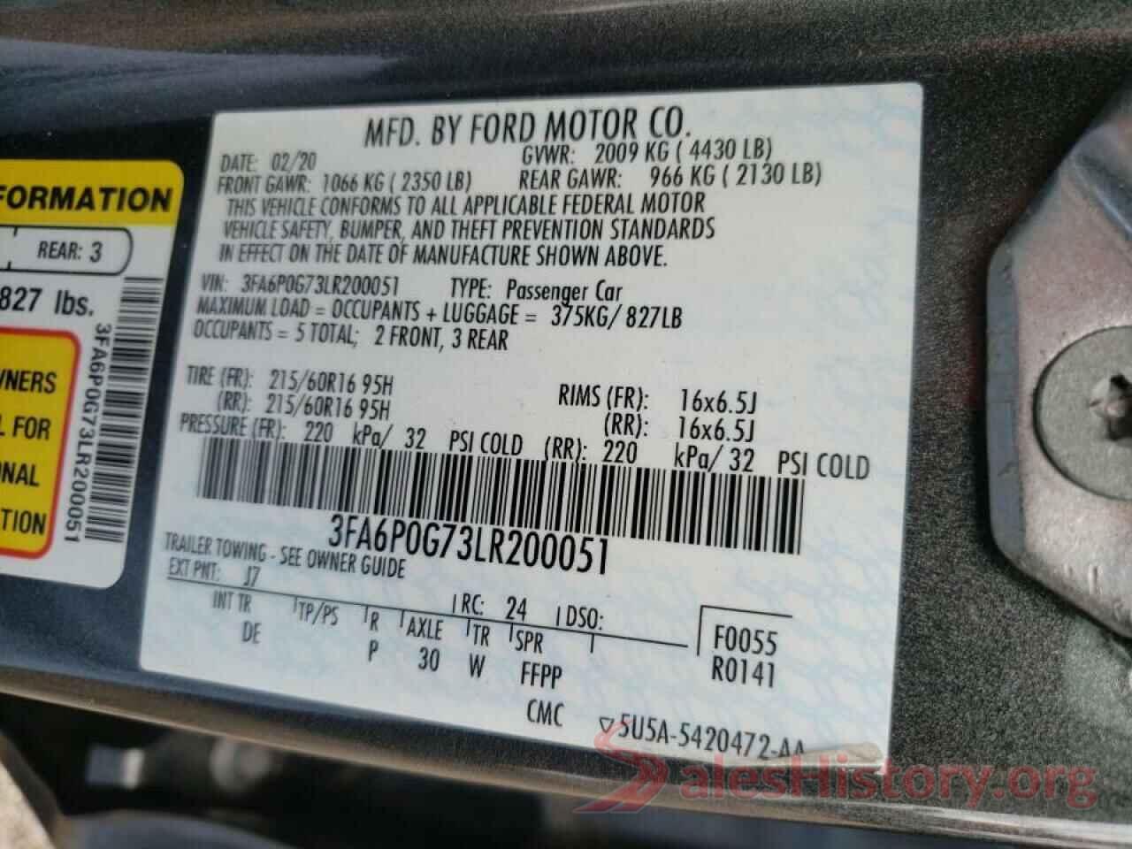 3FA6P0G73LR200051 2020 FORD FUSION