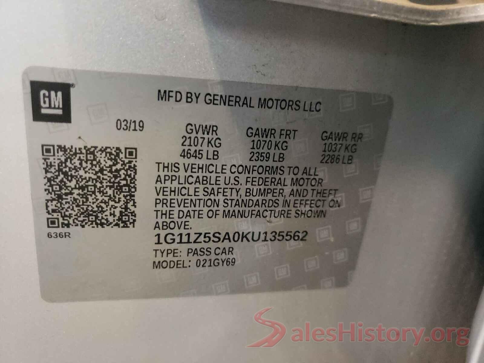 1G11Z5SA0KU135562 2019 CHEVROLET IMPALA