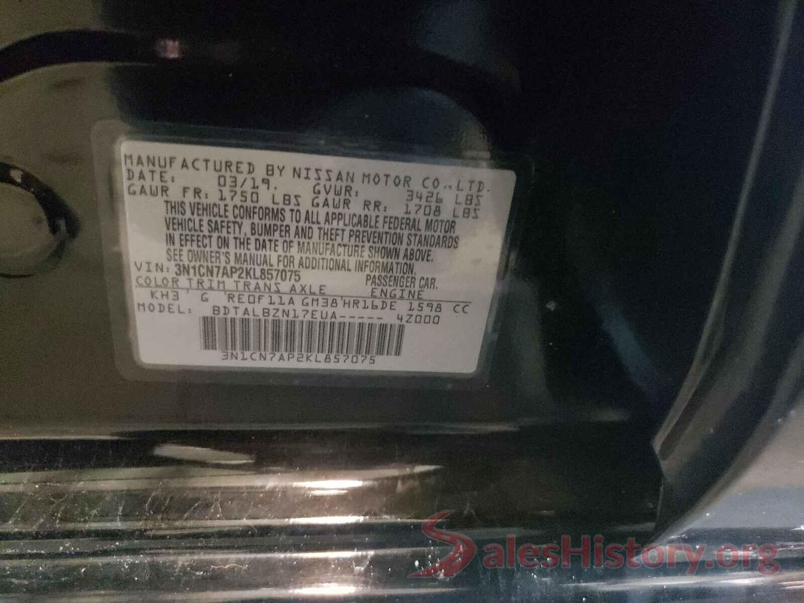 3N1CN7AP2KL857075 2019 NISSAN VERSA