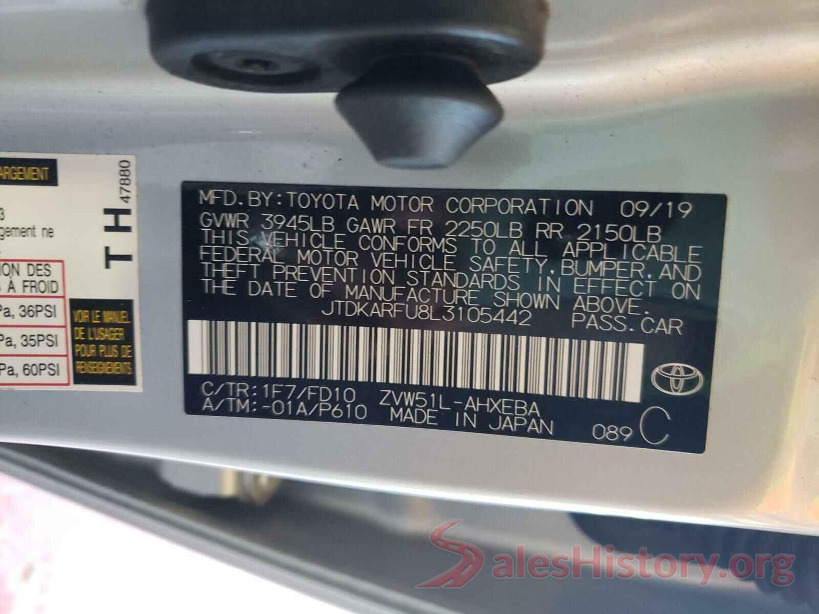 JTDKARFU8L3105442 2020 TOYOTA PRIUS