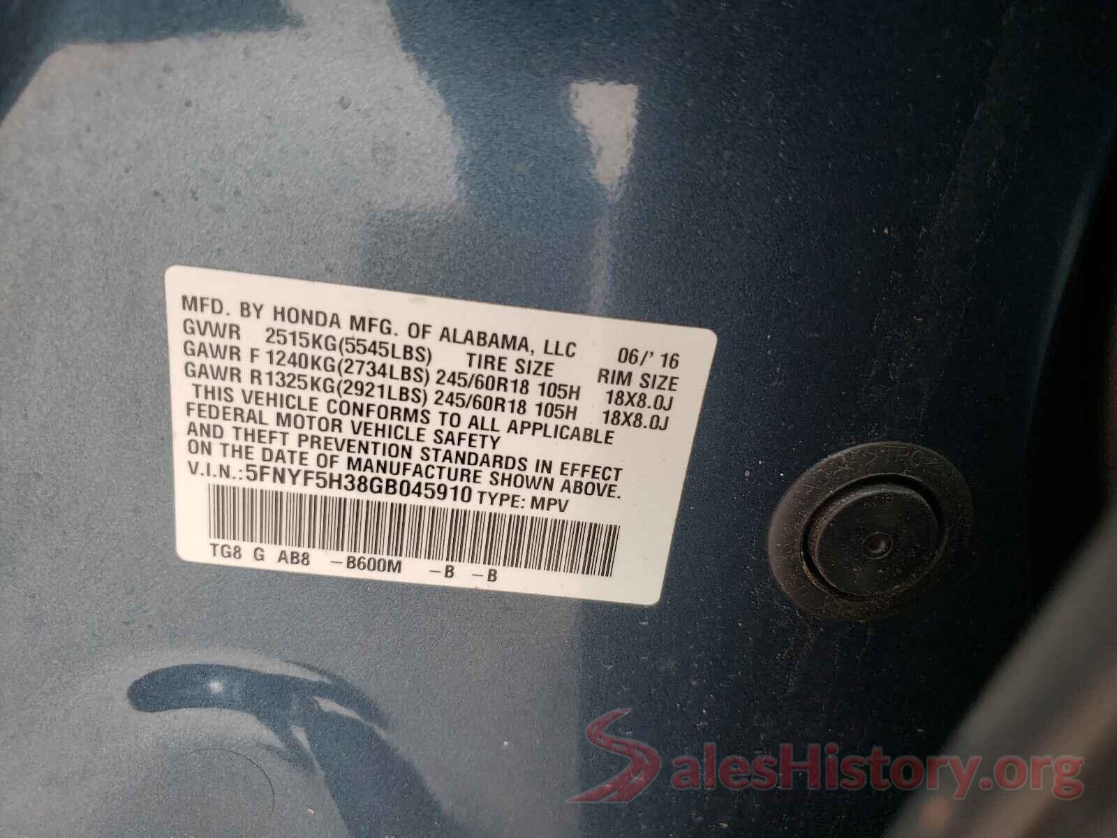 5FNYF5H38GB045910 2016 HONDA PILOT