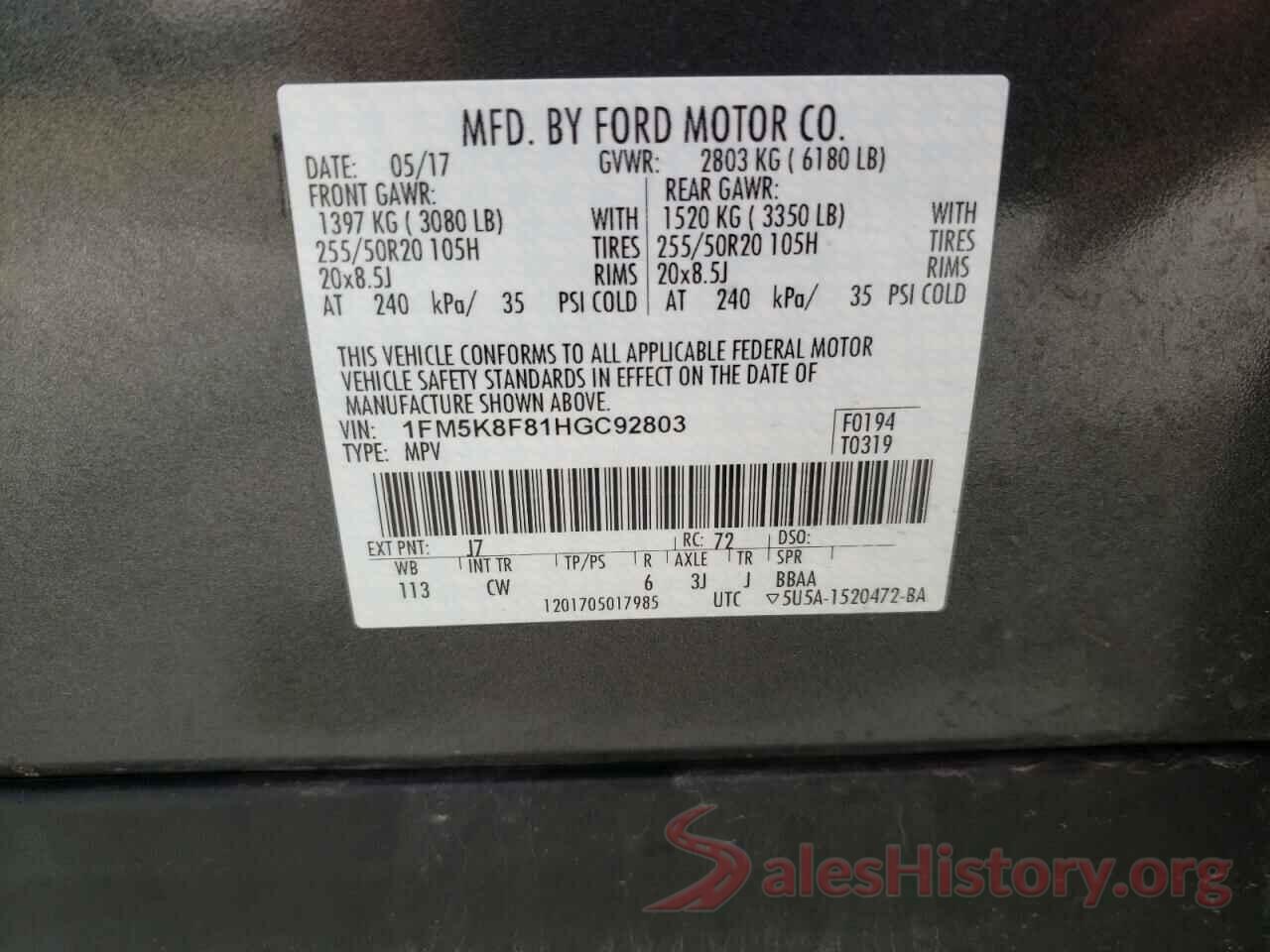 1FM5K8F81HGC92803 2017 FORD EXPLORER