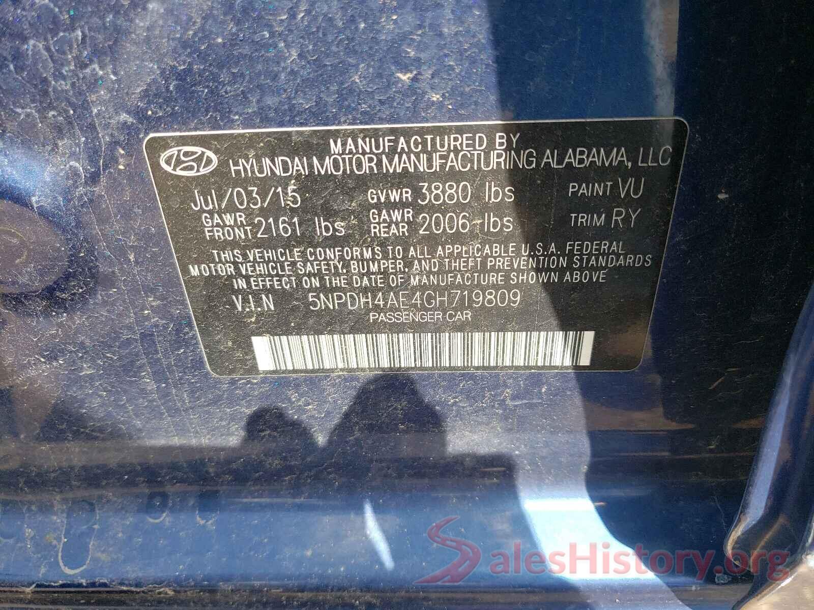 5NPDH4AE4GH719809 2016 HYUNDAI ELANTRA