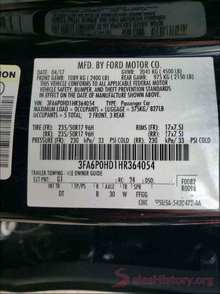 3FA6P0HD1HR364054 2017 FORD FUSION