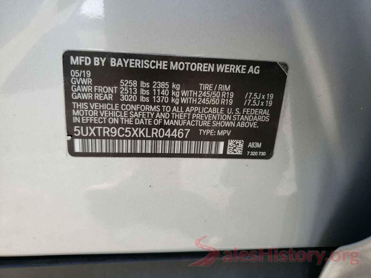 5UXTR9C5XKLR04467 2019 BMW X3