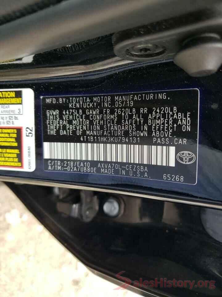 4T1B11HK3KU794131 2019 TOYOTA CAMRY