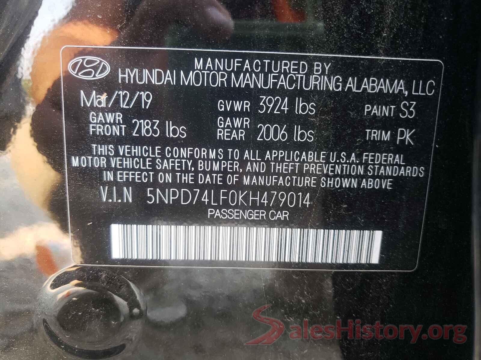 5NPD74LF0KH479014 2019 HYUNDAI ELANTRA