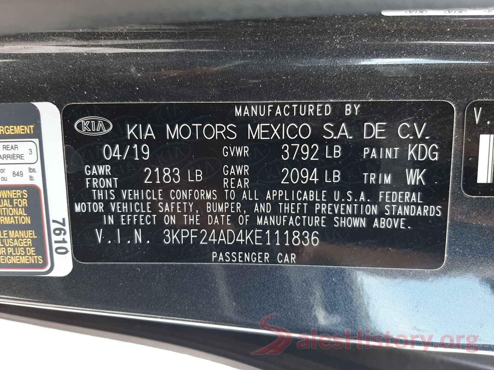 3KPF24AD4KE111836 2019 KIA FORTE