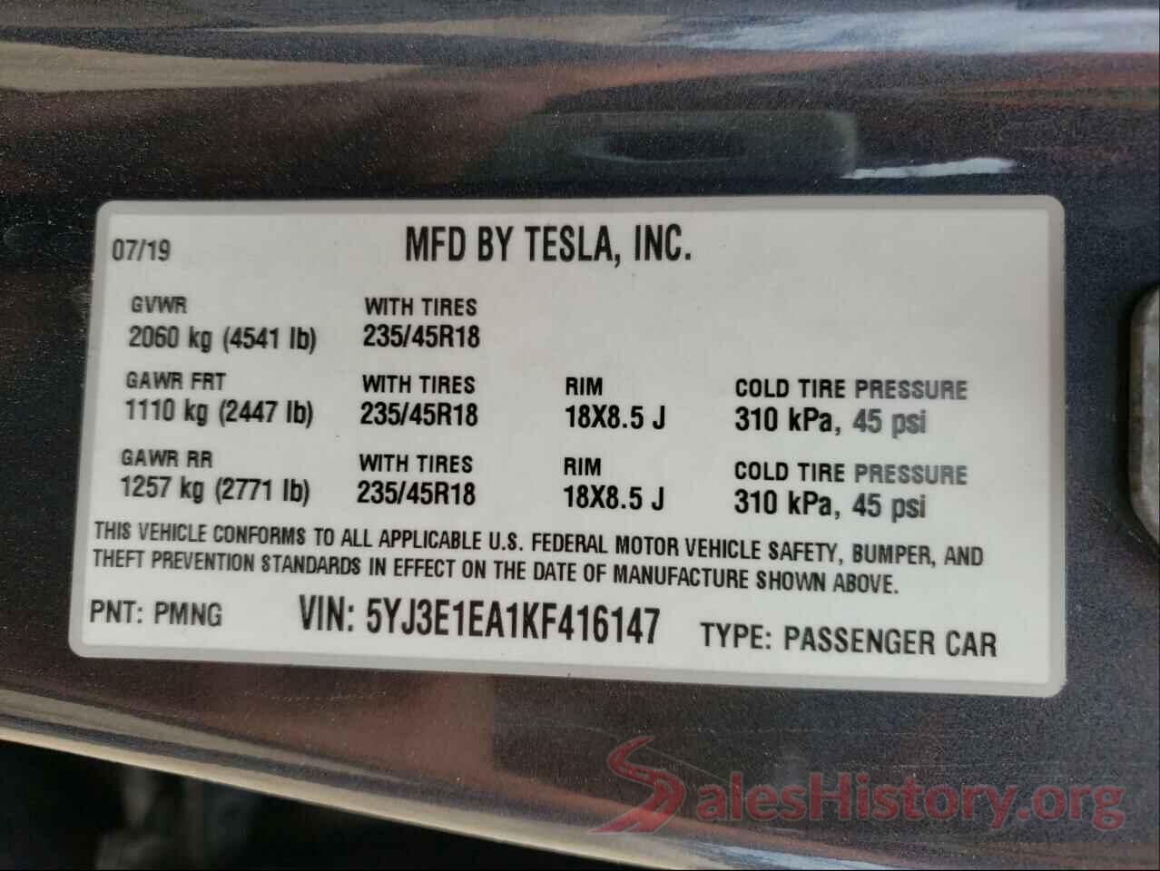 5YJ3E1EA1KF416147 2019 TESLA MODEL 3