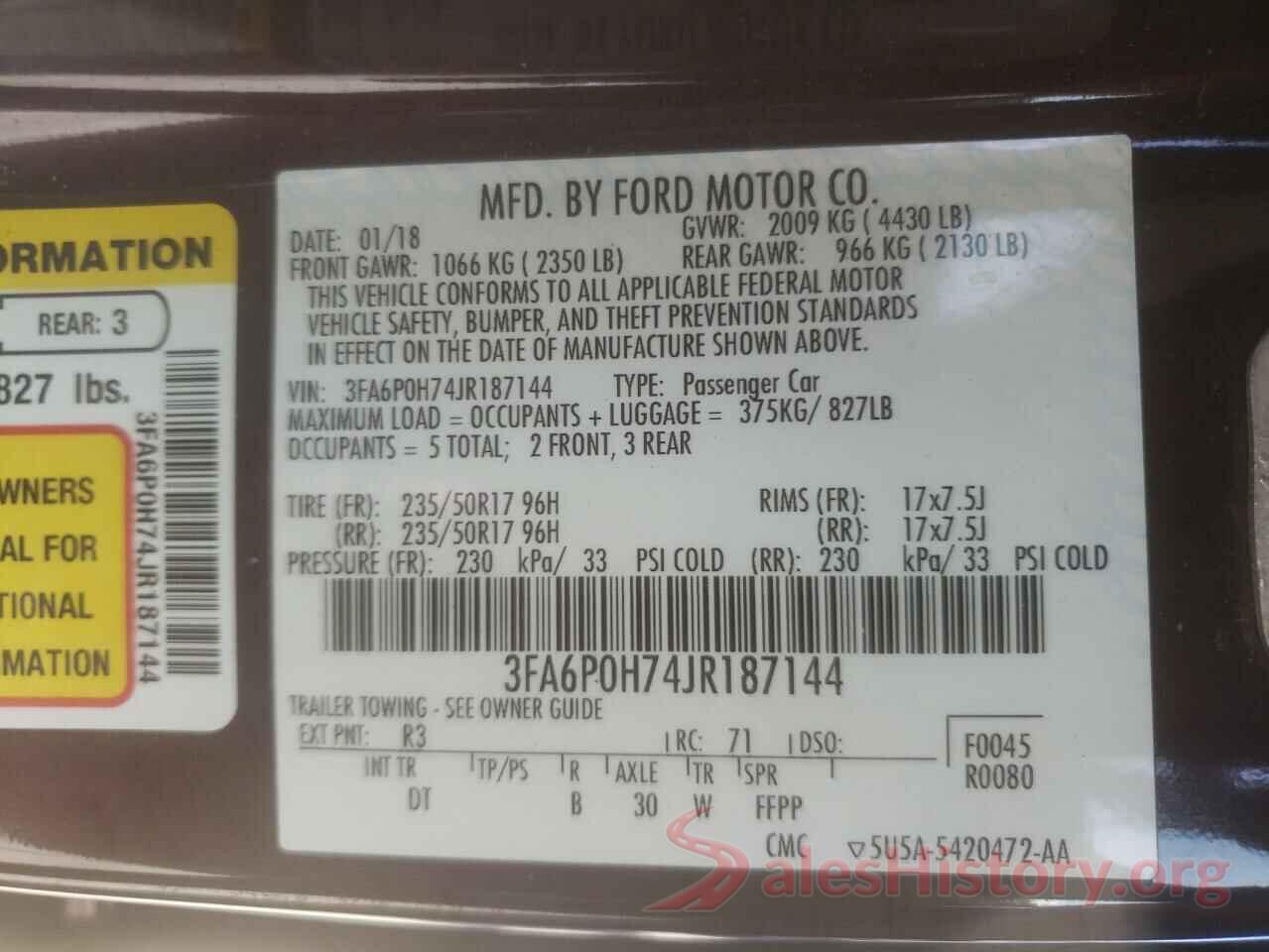 3FA6P0H74JR187144 2018 FORD FUSION