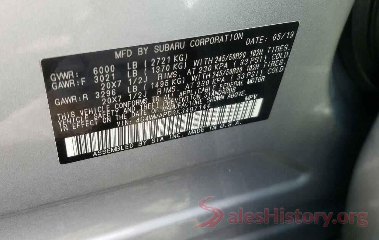 4S4WMAPD9K3487144 2019 SUBARU ASCENT