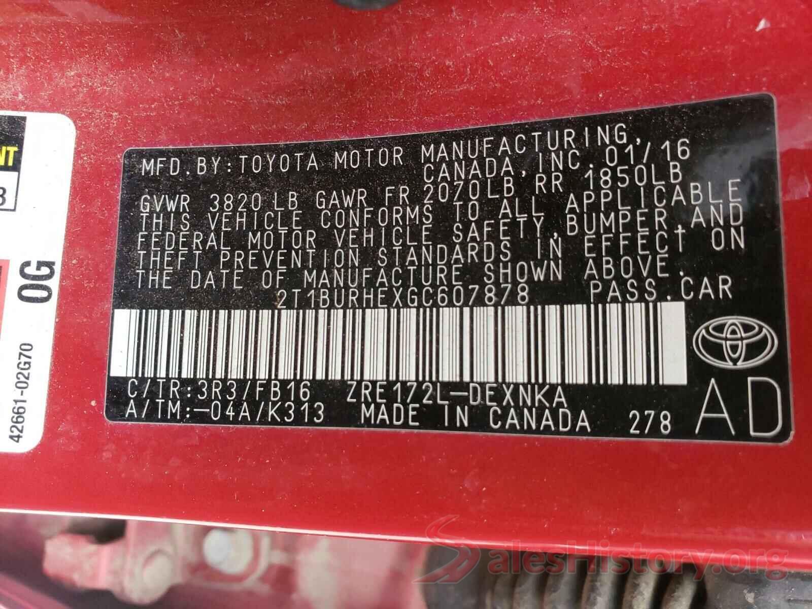 2T1BURHEXGC607878 2016 TOYOTA COROLLA