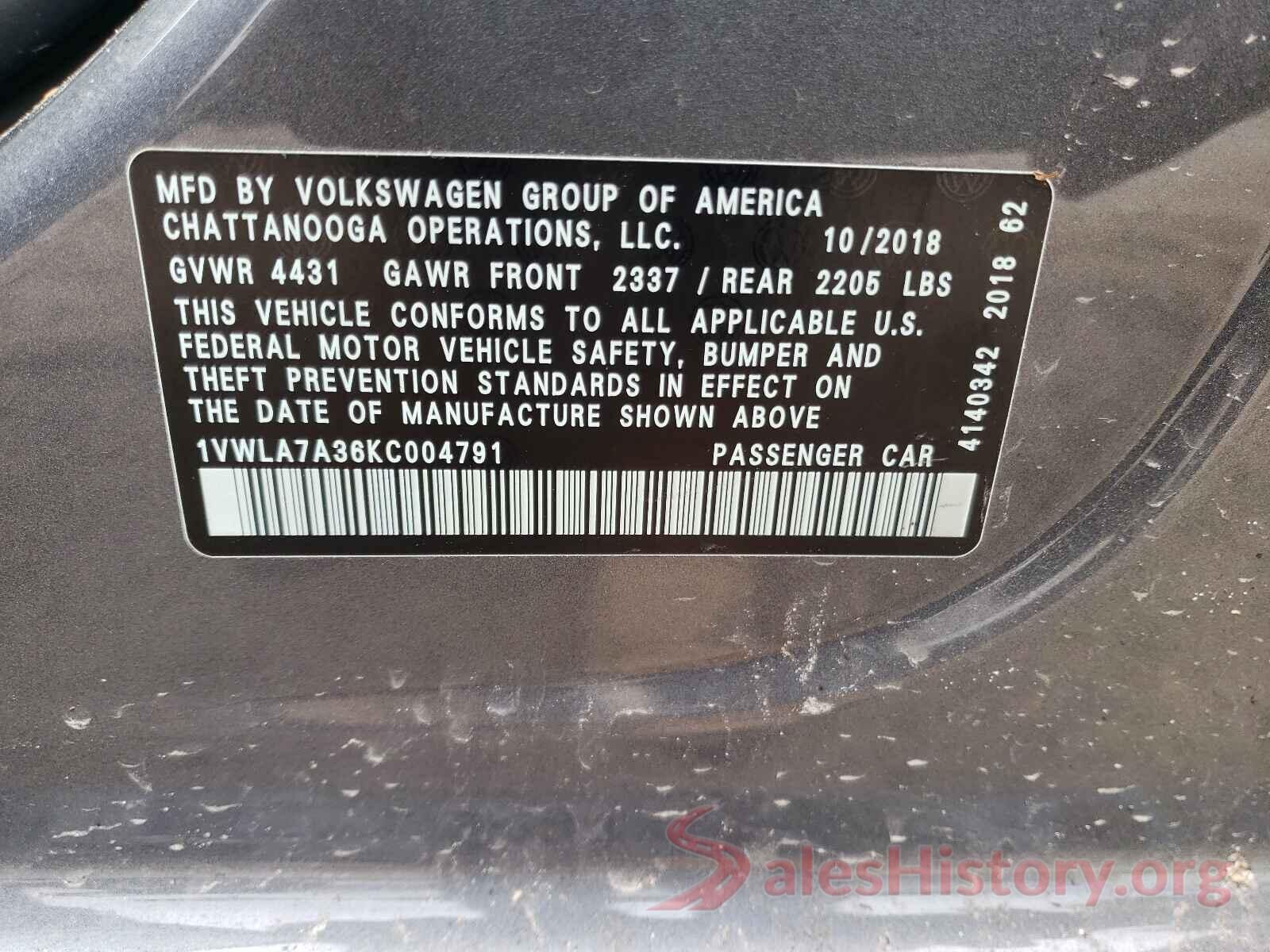 1VWLA7A36KC004791 2019 VOLKSWAGEN PASSAT