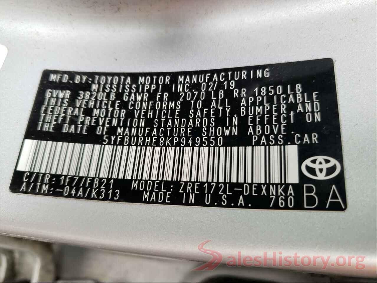 5YFBURHE8KP949550 2019 TOYOTA COROLLA