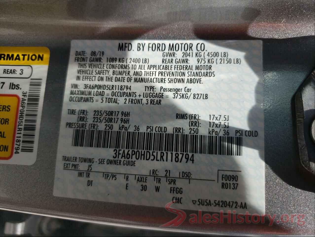 3FA6P0HD5LR118794 2020 FORD FUSION