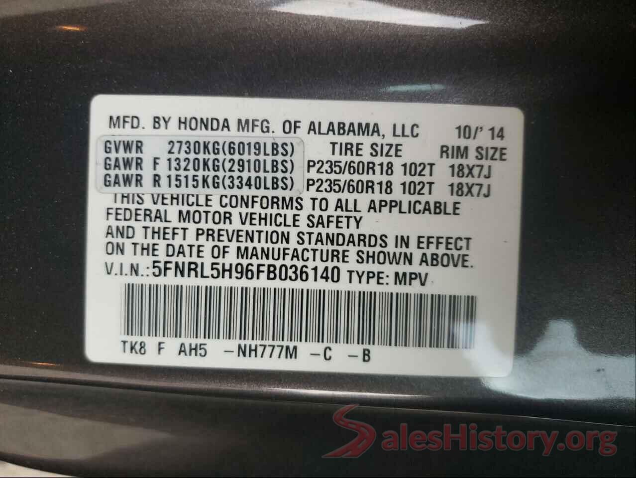 5FNRL5H96FB036140 2015 HONDA ODYSSEY