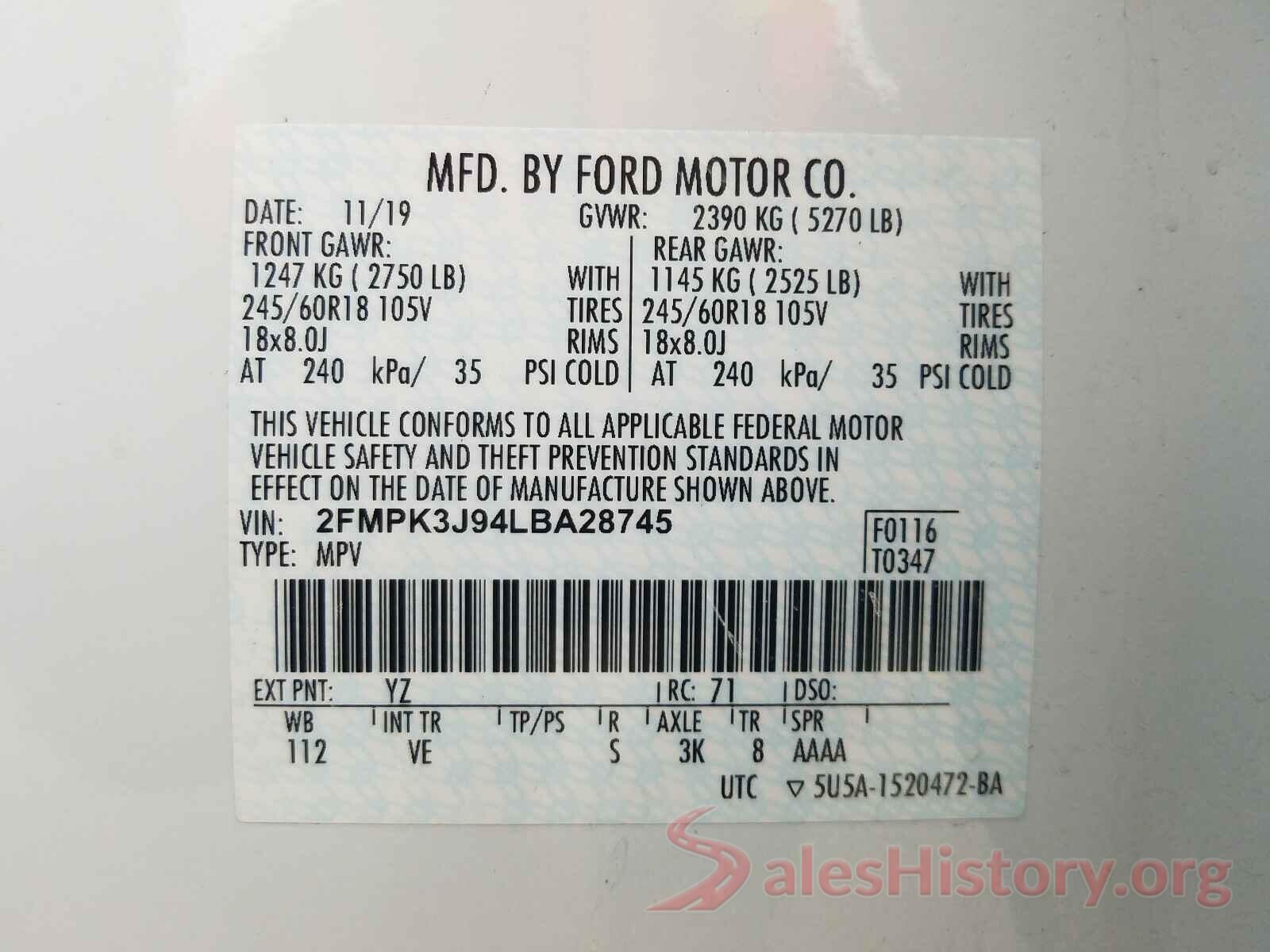 2FMPK3J94LBA28745 2020 FORD EDGE