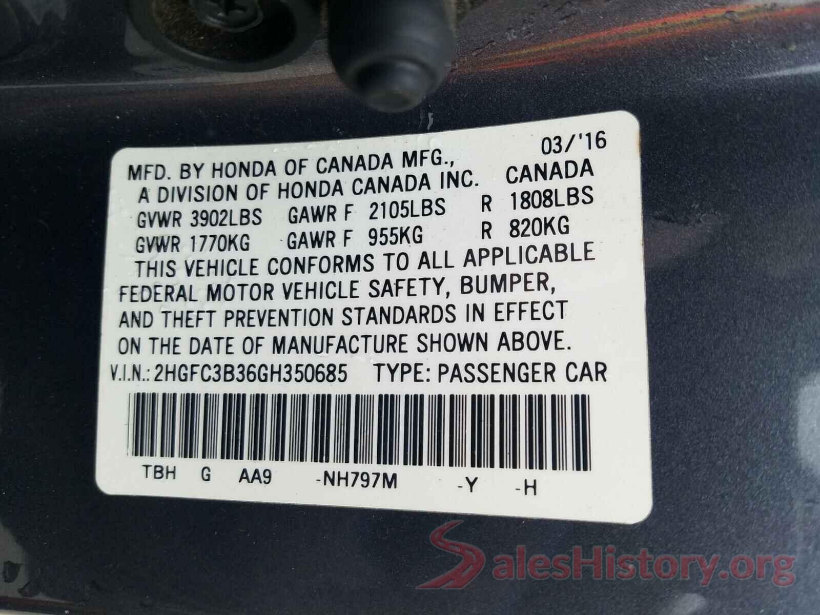 2HGFC3B36GH350685 2016 HONDA CIVIC