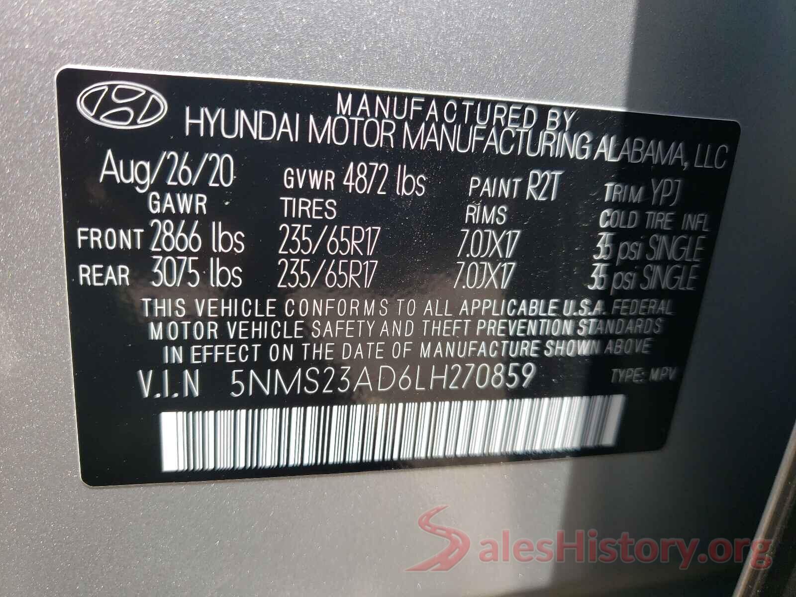 5NMS23AD6LH270859 2020 HYUNDAI SANTA FE