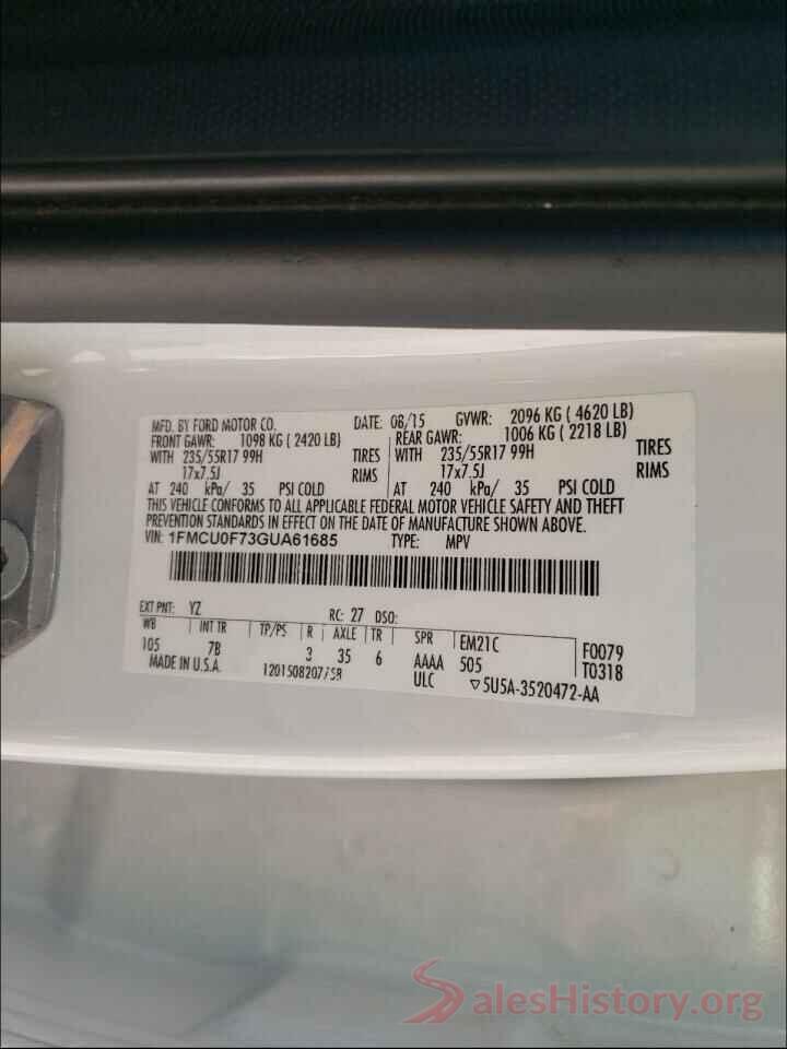 1FMCU0F73GUA61685 2016 FORD ESCAPE