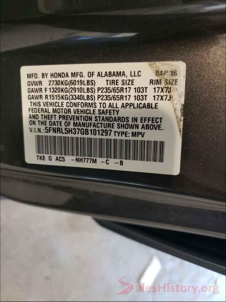 5FNRL5H37GB101297 2016 HONDA ODYSSEY