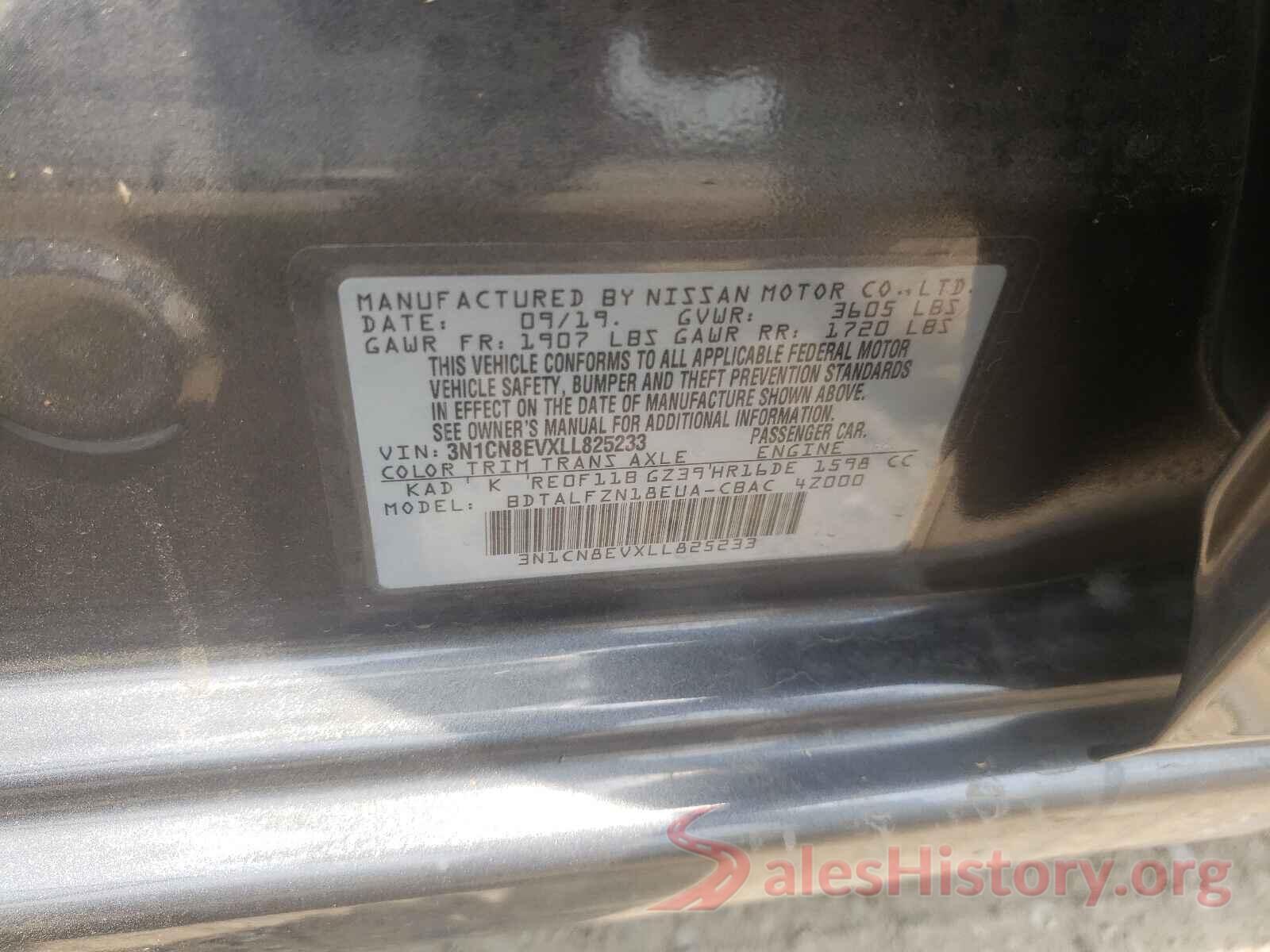 3N1CN8EVXLL825233 2020 NISSAN VERSA