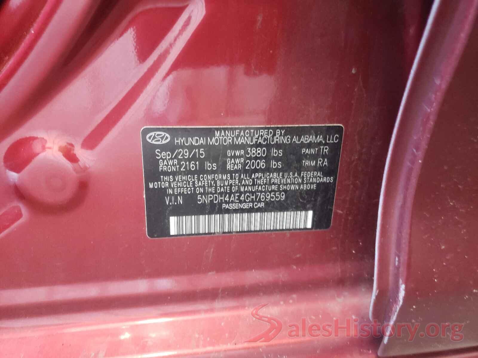 5NPDH4AE4GH769559 2016 HYUNDAI ELANTRA