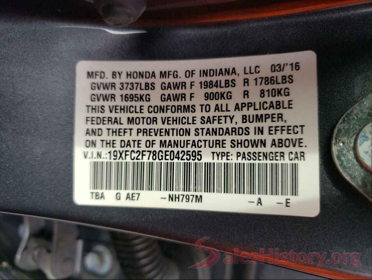 19XFC2F78GE042595 2016 HONDA CIVIC