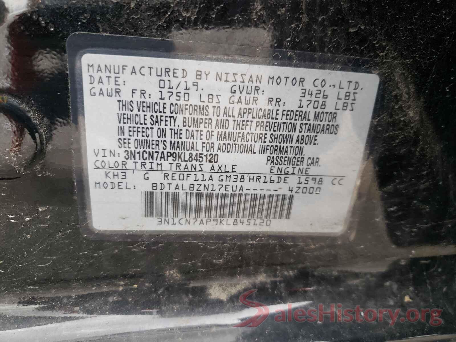 3N1CN7AP9KL845120 2019 NISSAN VERSA