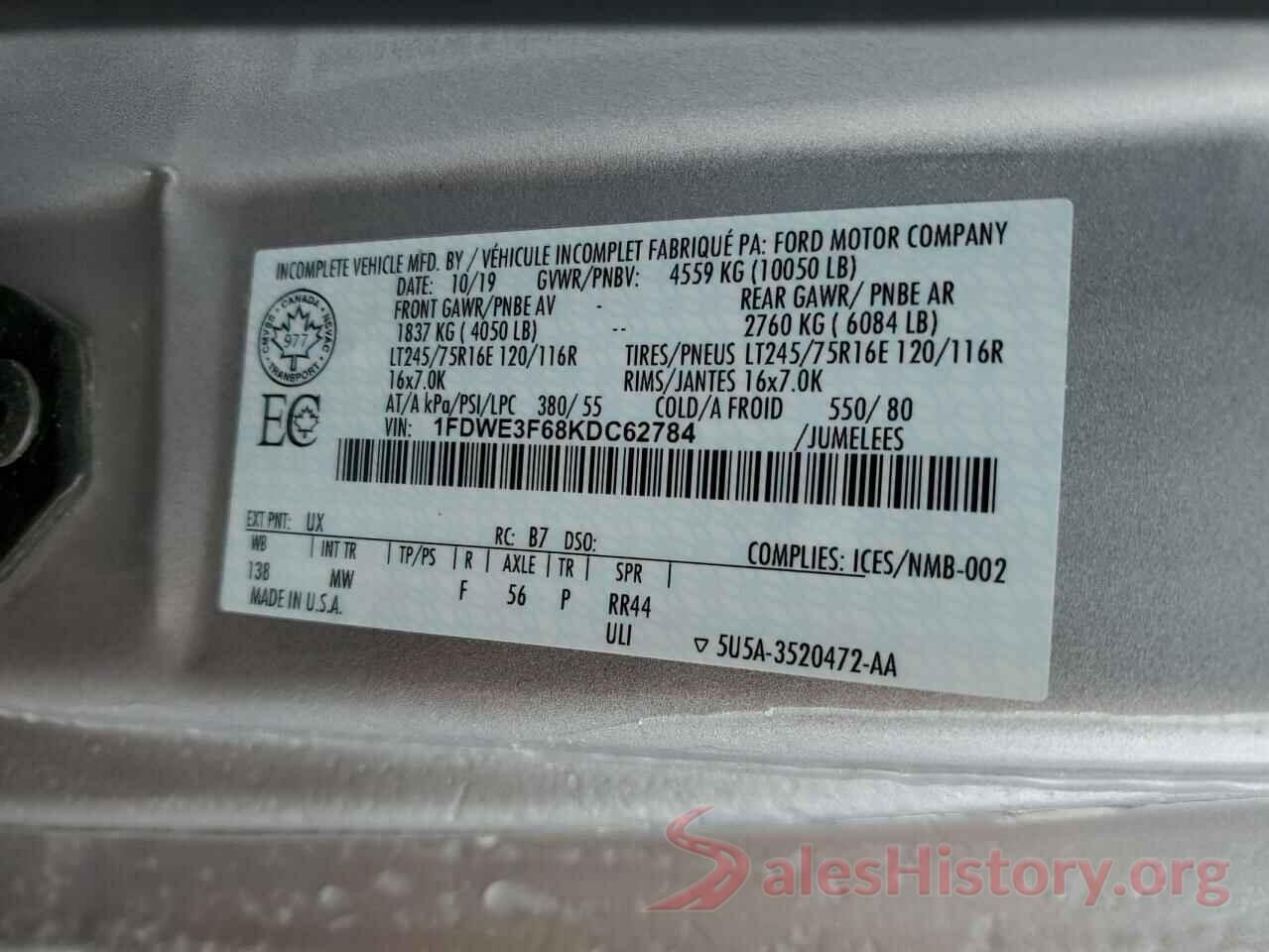 1FDWE3F68KDC62784 2019 FORD ECONOLINE