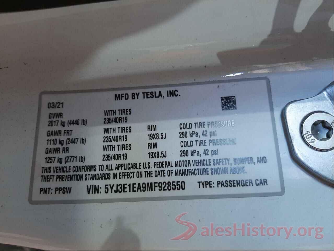 5YJ3E1EA9MF928550 2021 TESLA MODEL 3