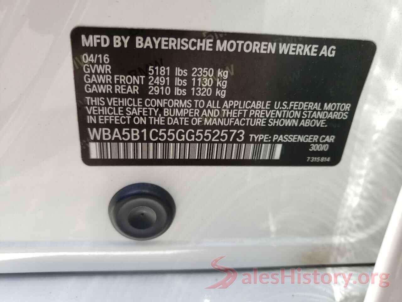 WBA5B1C55GG552573 2016 BMW 5 SERIES