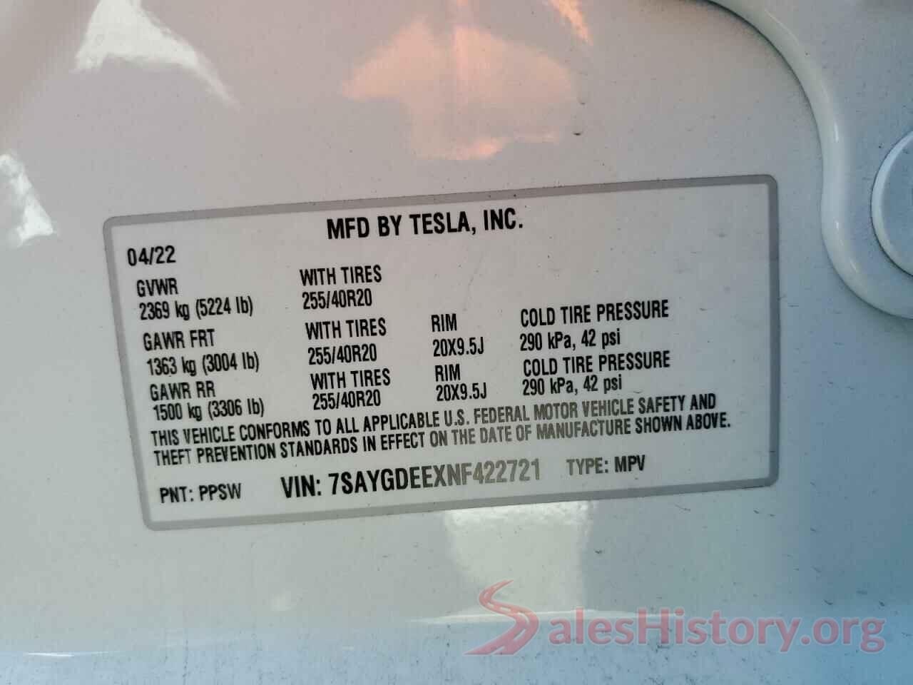 7SAYGDEEXNF422721 2022 TESLA MODEL Y