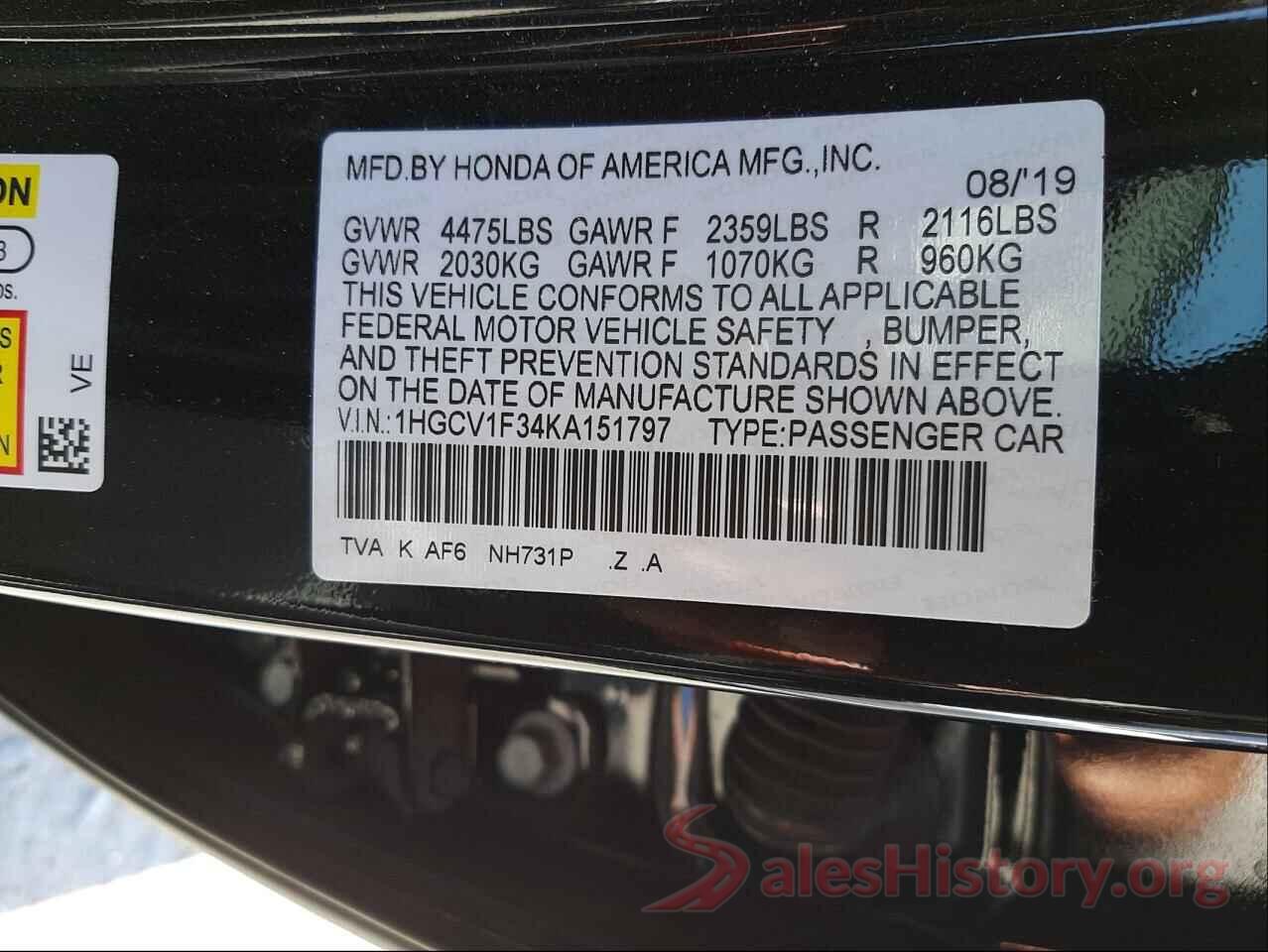 1HGCV1F34KA151797 2019 HONDA ACCORD