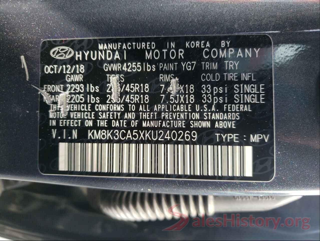 KM8K3CA5XKU240269 2019 HYUNDAI KONA