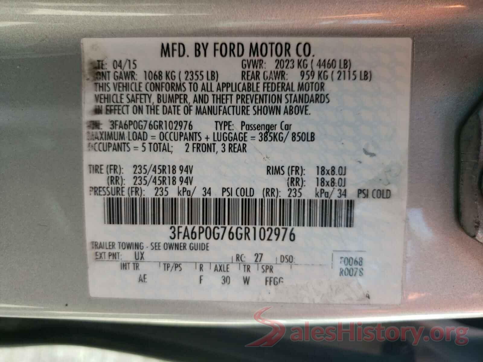 3FA6P0G76GR102976 2016 FORD FUSION