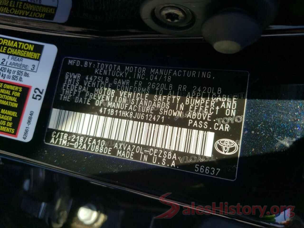 4T1B11HK8JU612471 2018 TOYOTA CAMRY