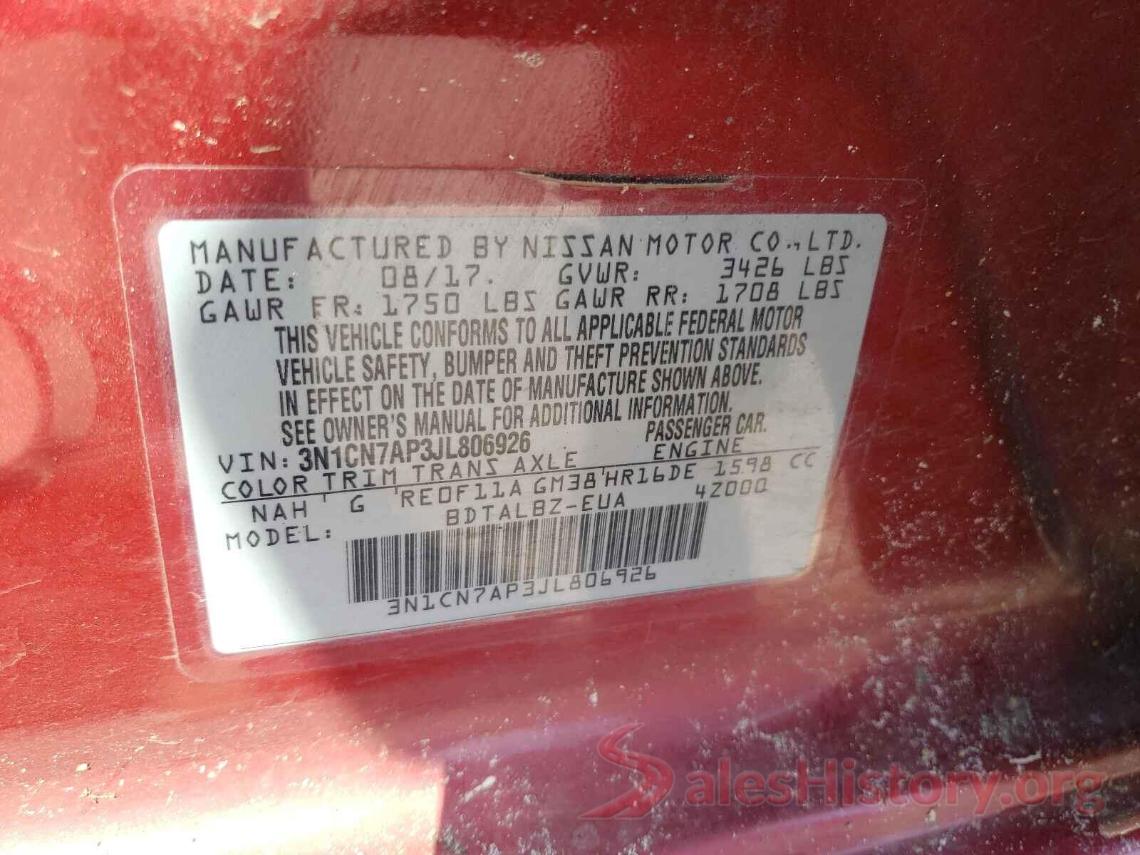 3N1CN7AP3JL806926 2018 NISSAN VERSA