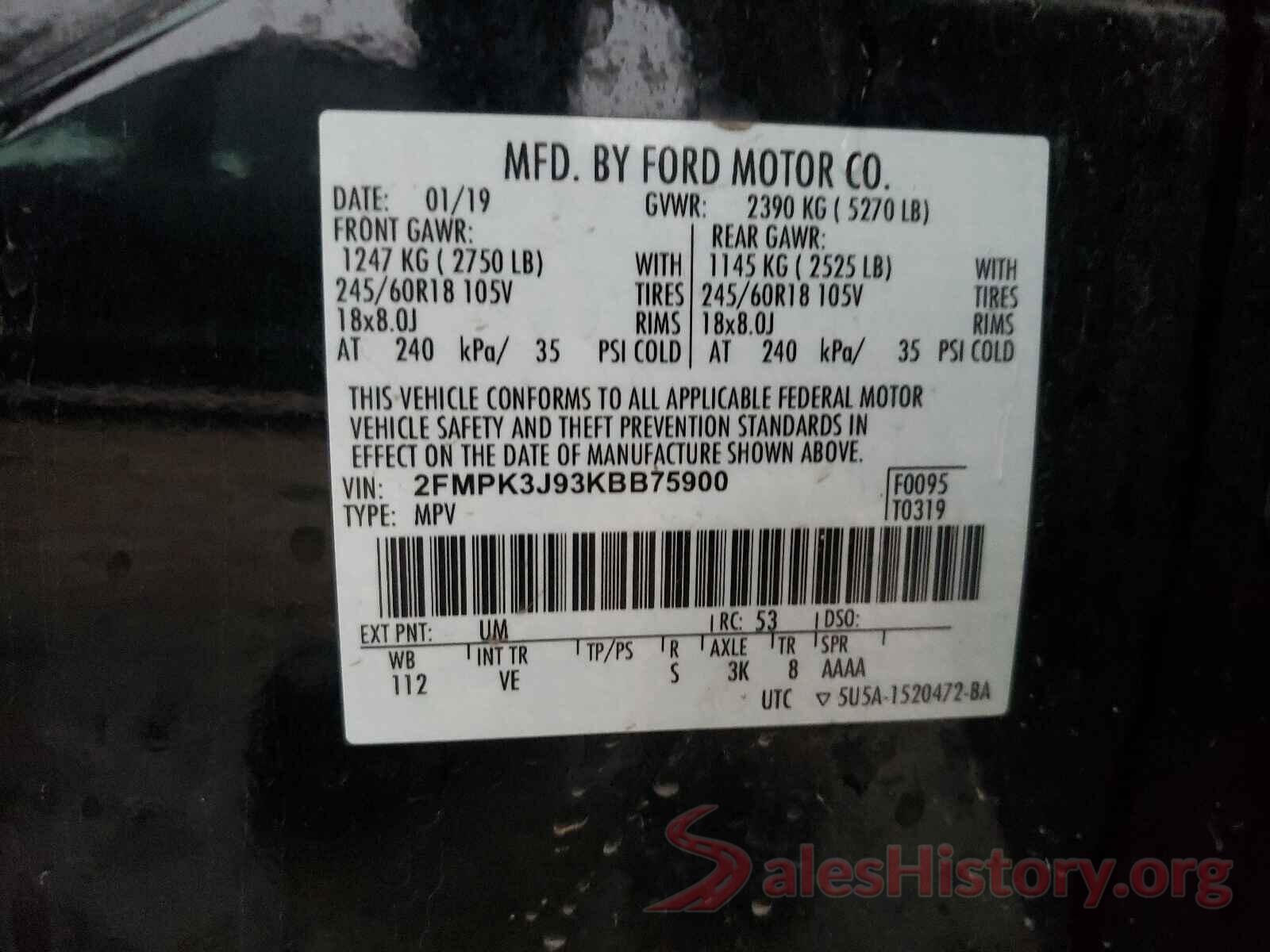 2FMPK3J93KBB75900 2019 FORD EDGE