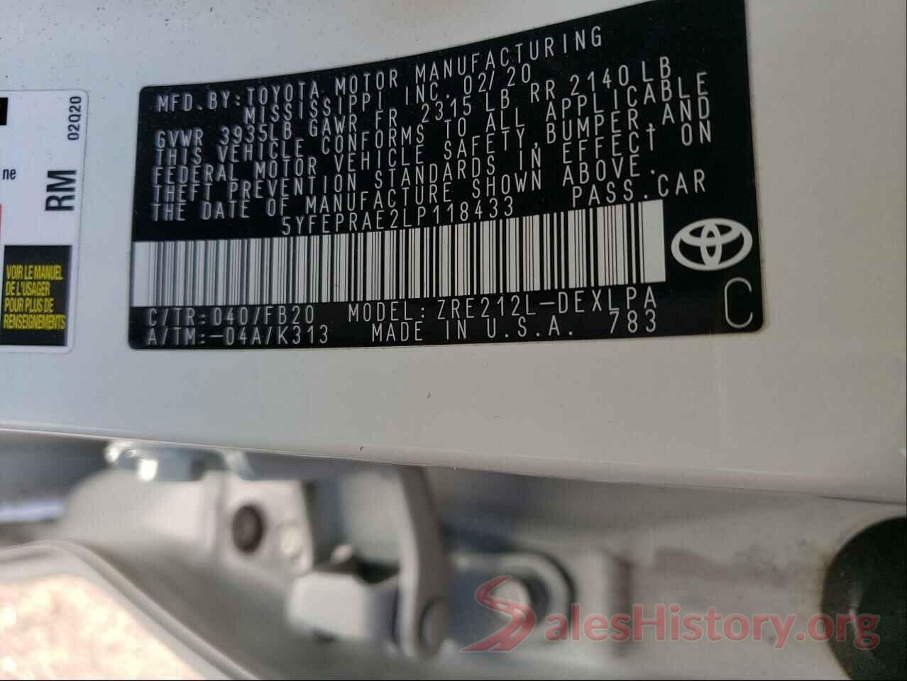 5YFEPRAE2LP118433 2020 TOYOTA COROLLA