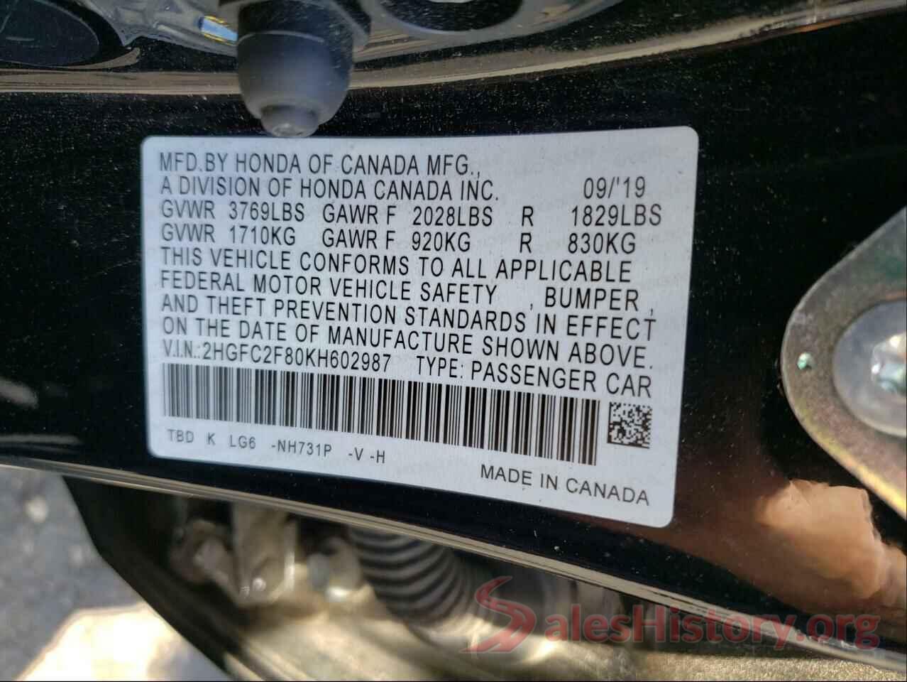 2HGFC2F80KH602987 2019 HONDA CIVIC