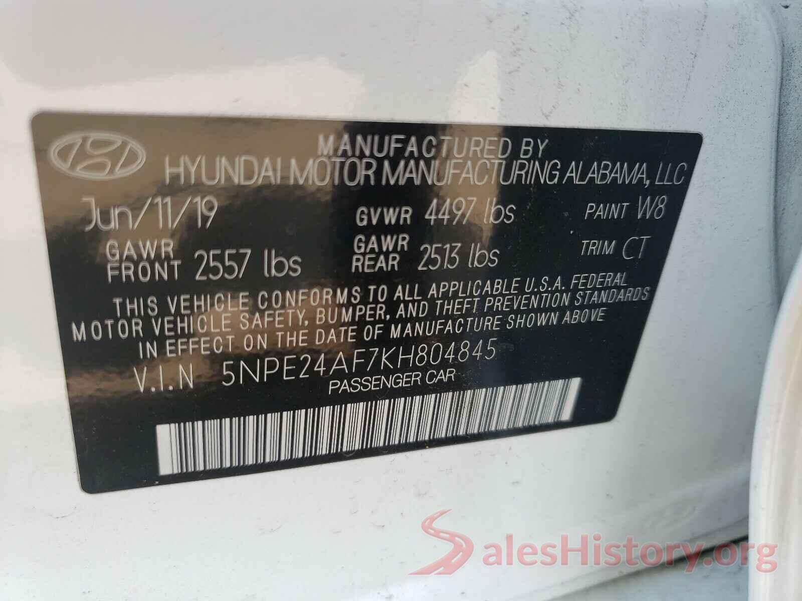 5NPE24AF7KH804845 2019 HYUNDAI SONATA