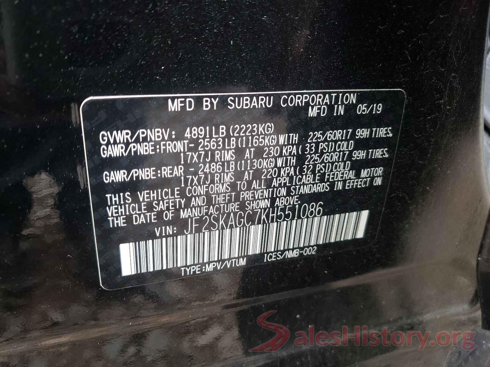 JF2SKAGC7KH551086 2019 SUBARU FORESTER