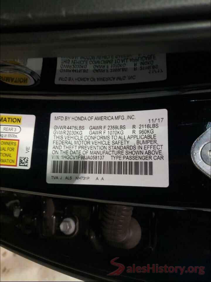 1HGCV1F98JA058137 2018 HONDA ACCORD