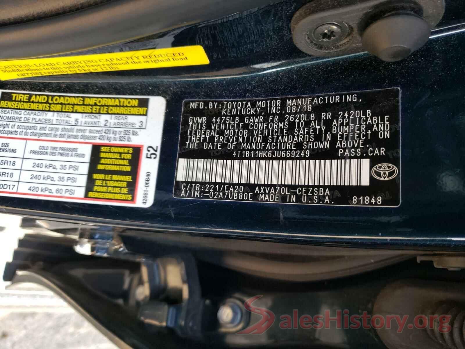 4T1B11HK6JU669249 2018 TOYOTA CAMRY