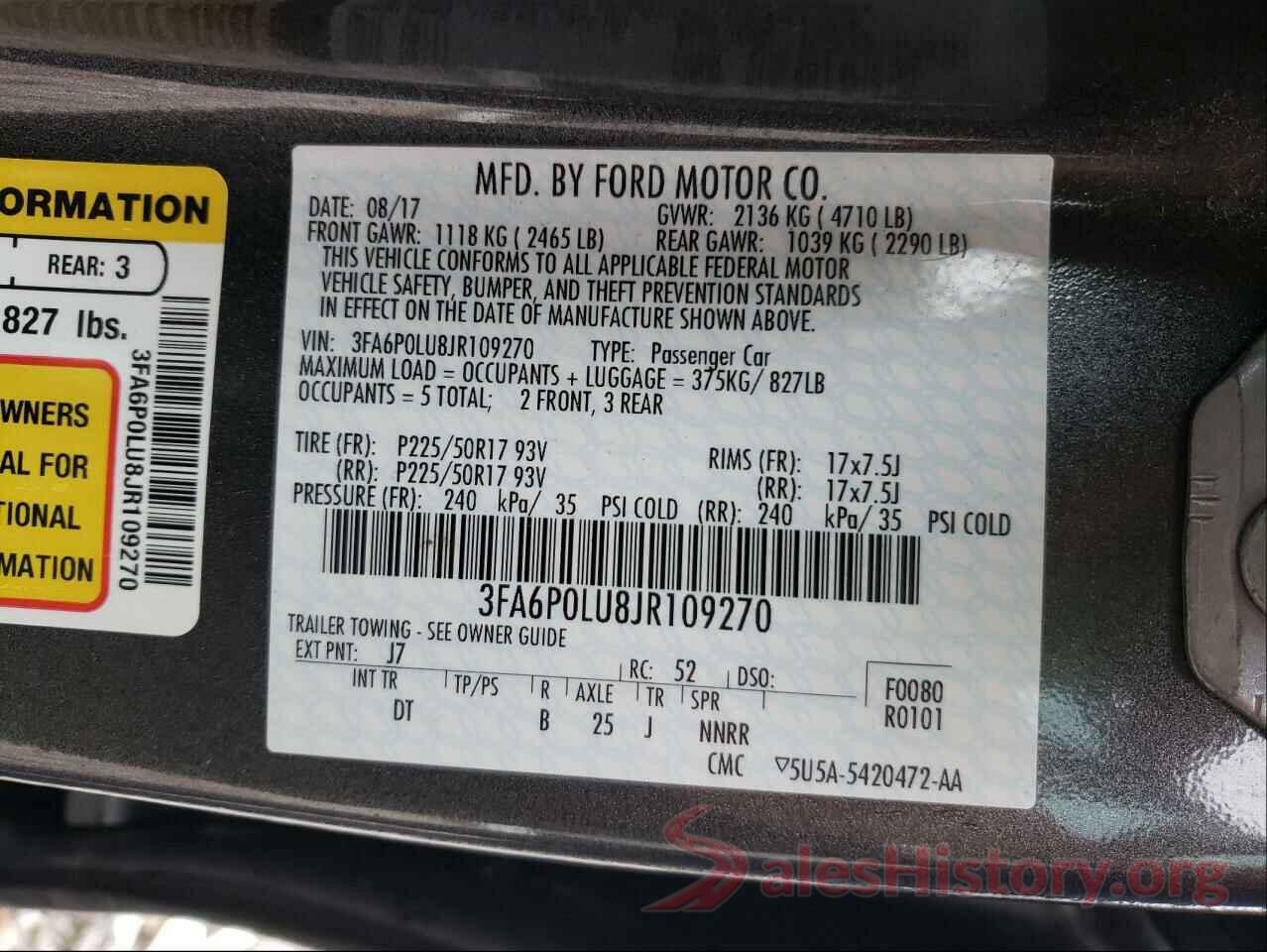 3FA6P0LU8JR109270 2018 FORD FUSION