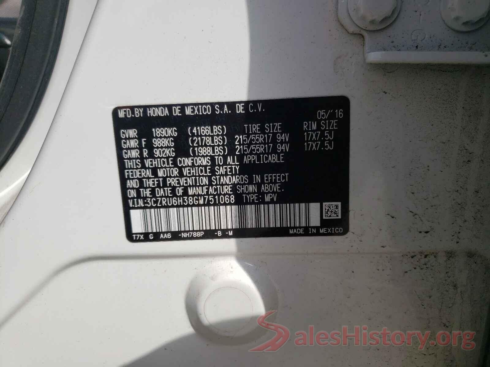 3CZRU6H38GM751068 2016 HONDA HR-V