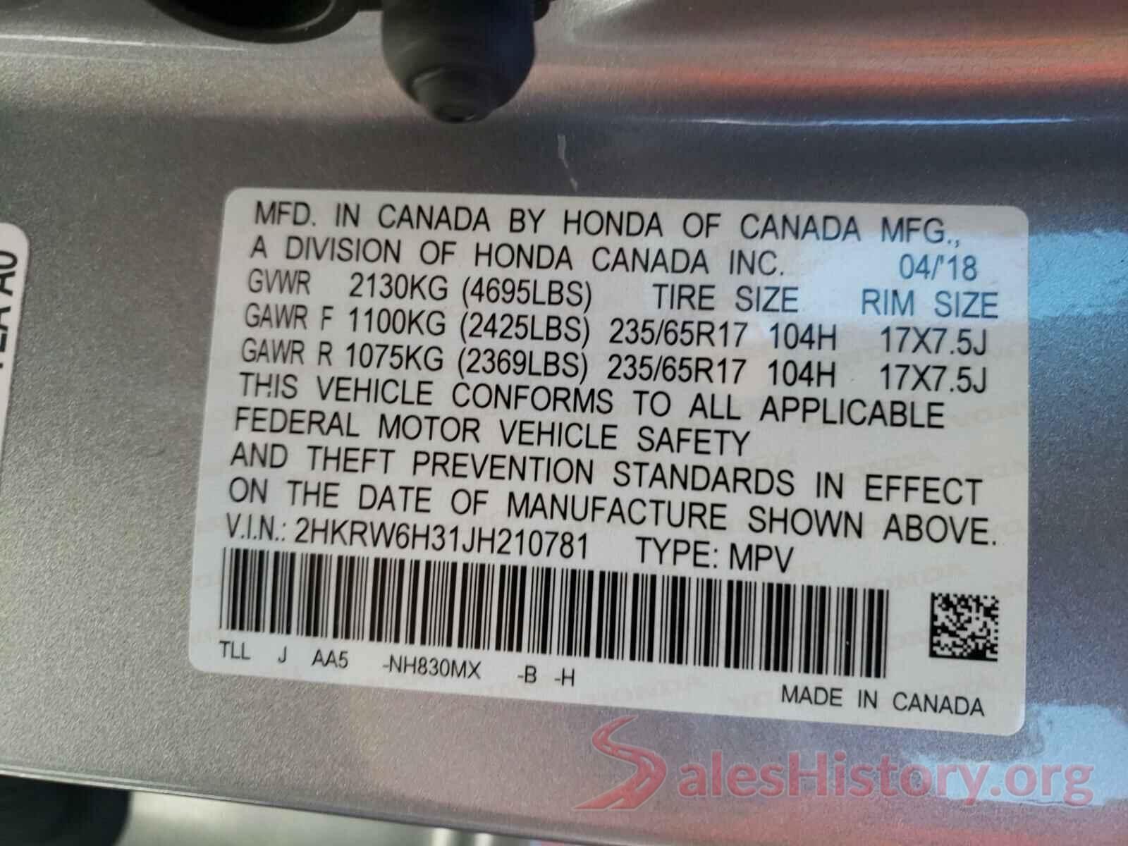 2HKRW6H31JH210781 2018 HONDA CRV